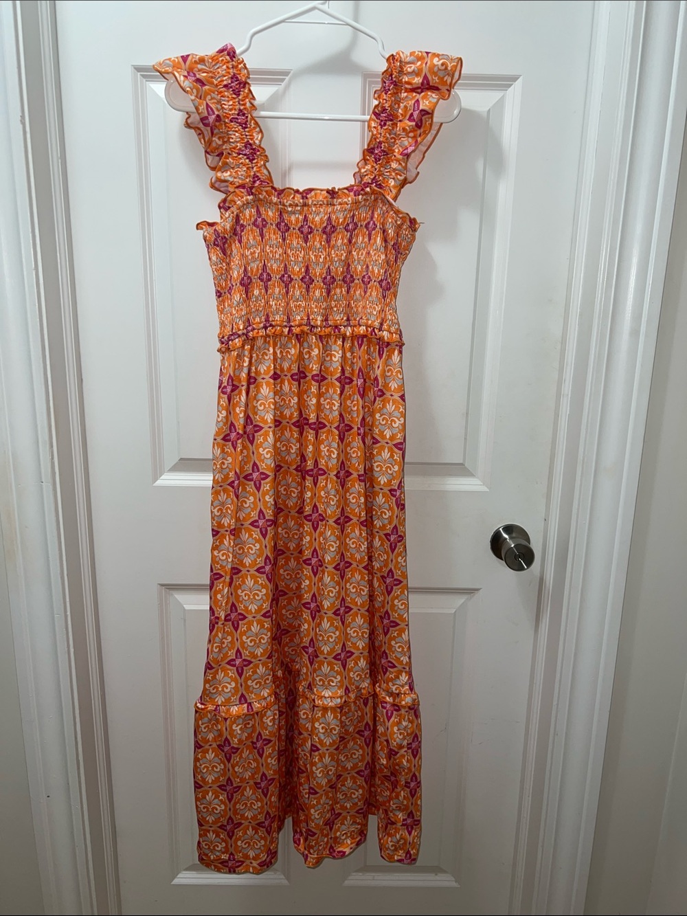 Smocked Ruffle-Strap Maxi Dress in Orange & Pink